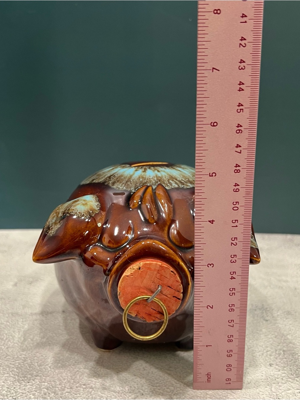 Vintage 50s Hull Pottery Corky Pig Ceramic Coin Bank MCM Brown Blue Drip Glaze - Picture 7 of 9